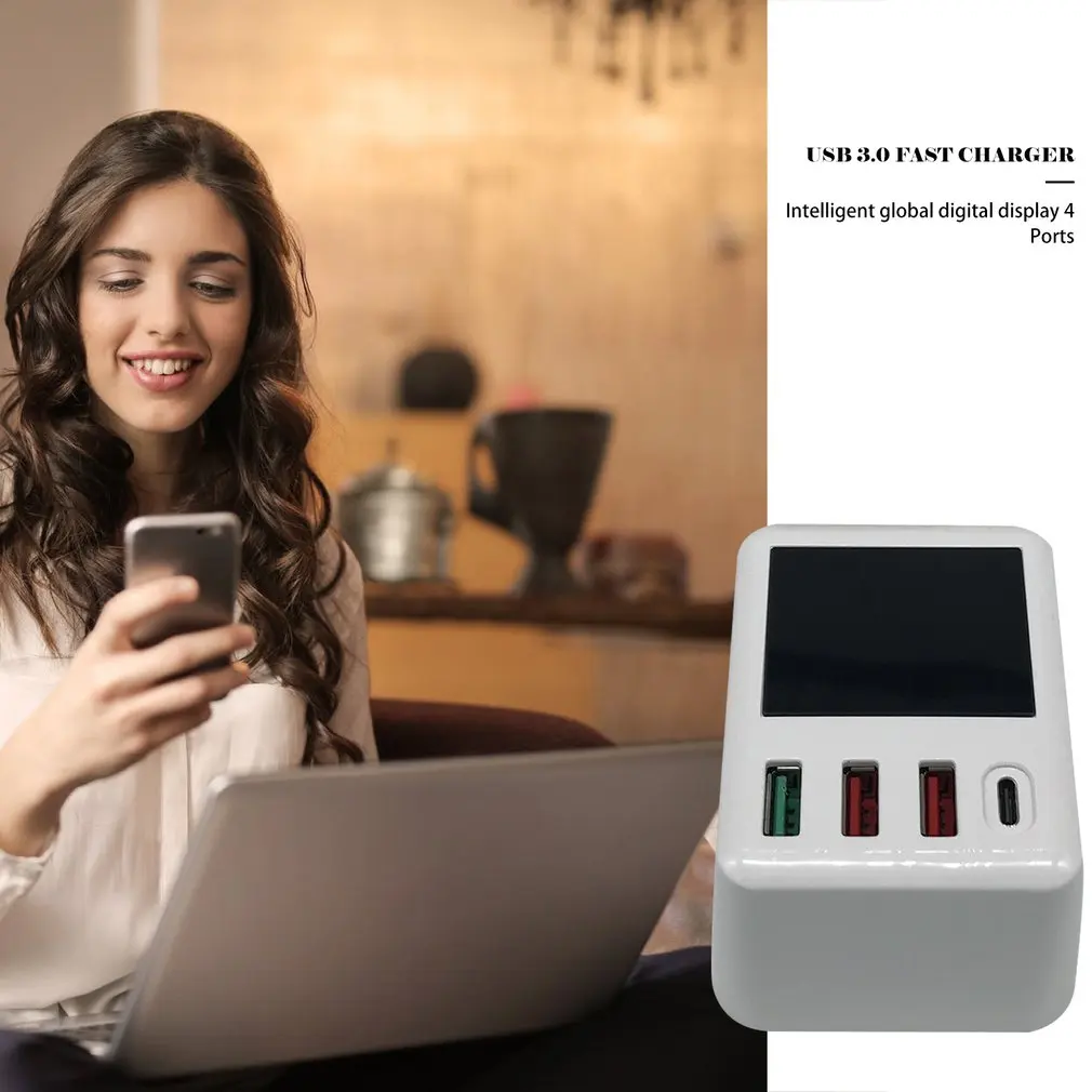 Mobiele Telefoon Oplader 4 Poorten USB Digitale Lcd-scherm смартфон планшет Opladers type-C lader US/EU/UK/AU штекер