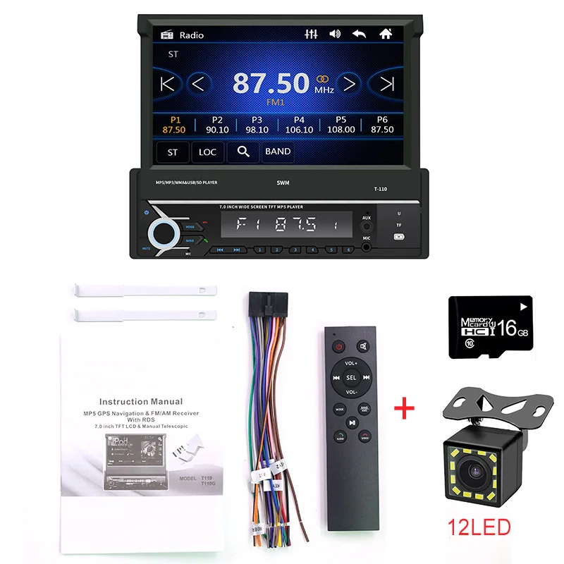 12LED and 16G card Авторадио 7 дюймов 1 DIN сенсорный экран автомобильный MP5 плеер Bluetooth Mirrorlink стерео выдвижные радио AM/FM Поддержка нескольких языков - Цвет: 12LED and 16G card