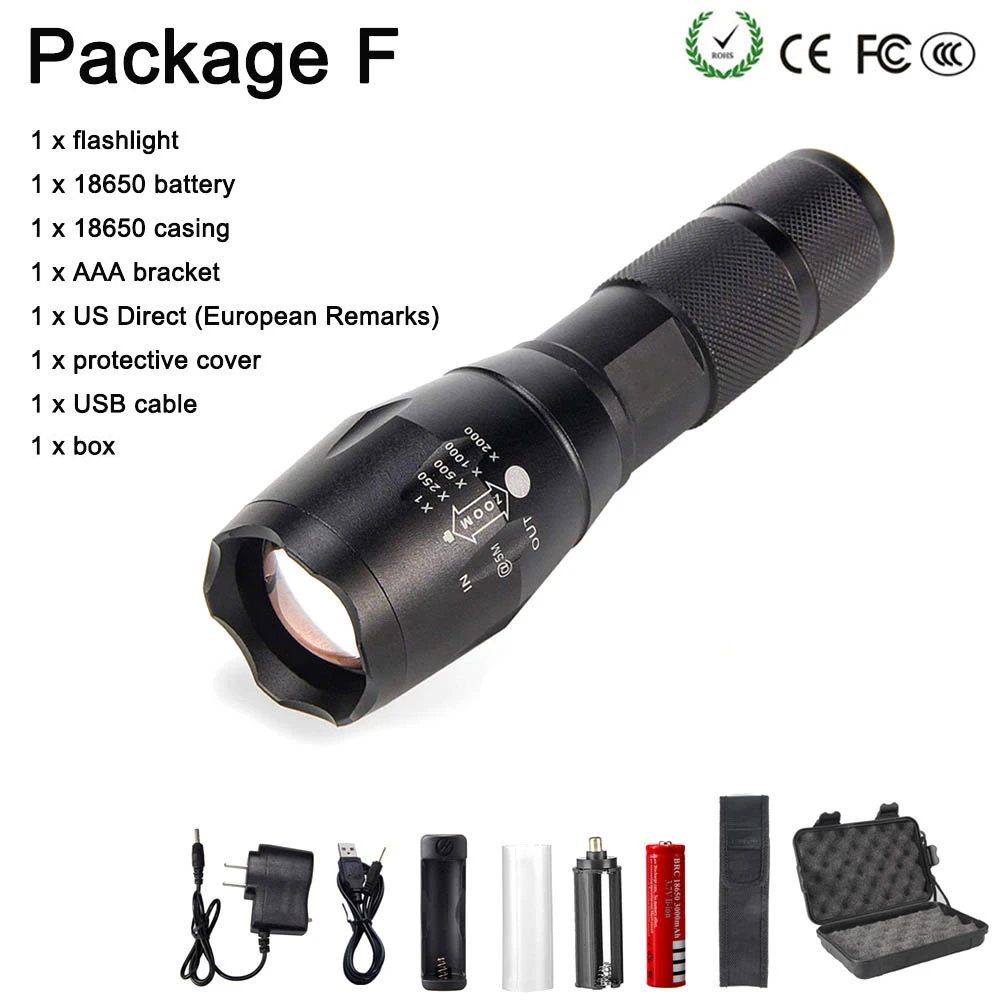 

Portable Zoom Flashlight XM-LT6 9000LM 5 Mode LED Flashlight Torch Hunting LED Camping Tactical Switch luz glare Flashlight Set