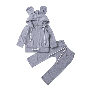 

Tollder Newborn Infant Baby Boy Girl Clothes Set Spring Long Sleeve Solid Gray Hooded T-shirt Tops Pants Clothing Outfit 2PCs