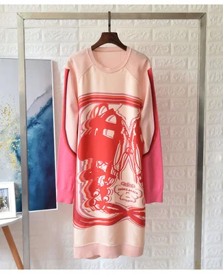 Svoryxiu дизайнер осень зима свободный свитер платье женская с длинным рукавом высокого класса шелк лоскутное шерсть вязание платья - Цвет: Розовый