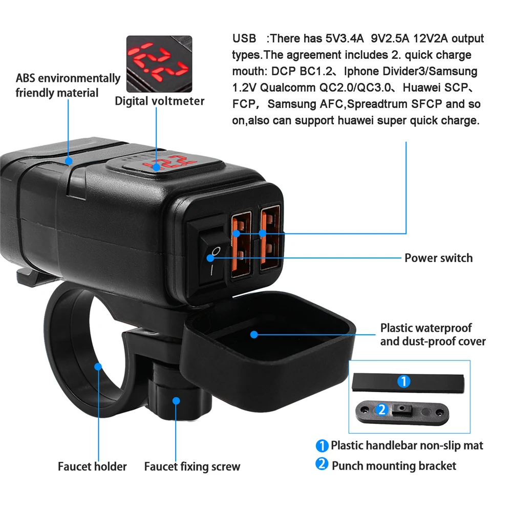 Водонепроницаемый QC 3,0 5V3. 4A/9V2. 5A/12V2A мотоцикл двойной USB зарядное устройство разворачивается вкл.-ВЫКЛ. Для ATV, зарядки велосипеда снегохода аксессуары