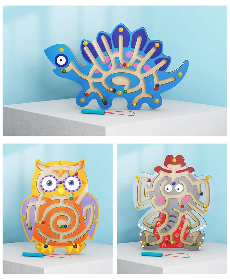 Kid Montessori Early Learning Educational Toys Wooden Magnetic Animal Maze Puzzle Dinosaur Walking Beads Labyrinth Children Toys