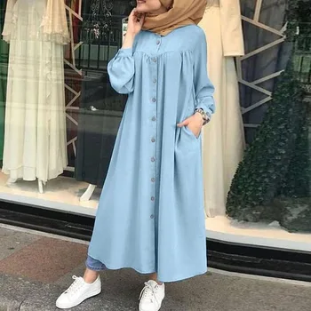 Muslim Dress 2021 Woman hijab Shirt Dress Long Sleeve Maxi Vestidos Female Button Robe femme musulman High Wasit Solid Sundress 1