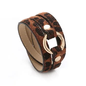 

Women Leather Bracelet Alloy Circle Clasp Multi-layer Winding Leopard Horsehair PU Bracelet Female Wrist Accessories