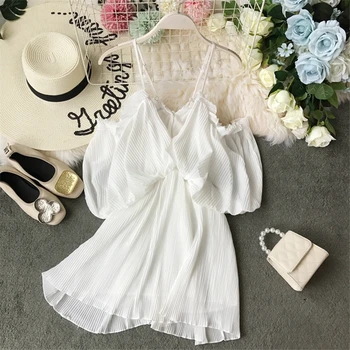 

STARK Thailand pleated condole hollow accept waist beach short skirt red vacation off shoulder v neck dress female Casual beach