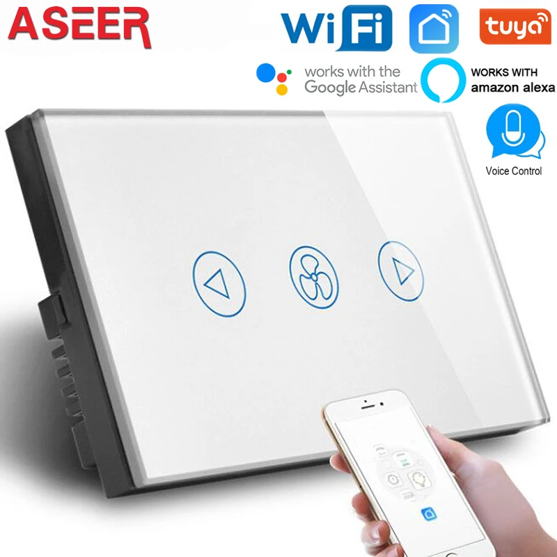 

ASEER,WIFI Fan Switch,AU US Standard wifi switch 600W,AC110~240V White Tempered glass panel ,works with alexa,google assistant