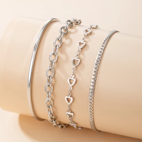 4pcs/sets Bohemian Hollow Out Geometry Alloy Metal Silver Color Bracelets for Women Adjustable Jewelry Gift 15976