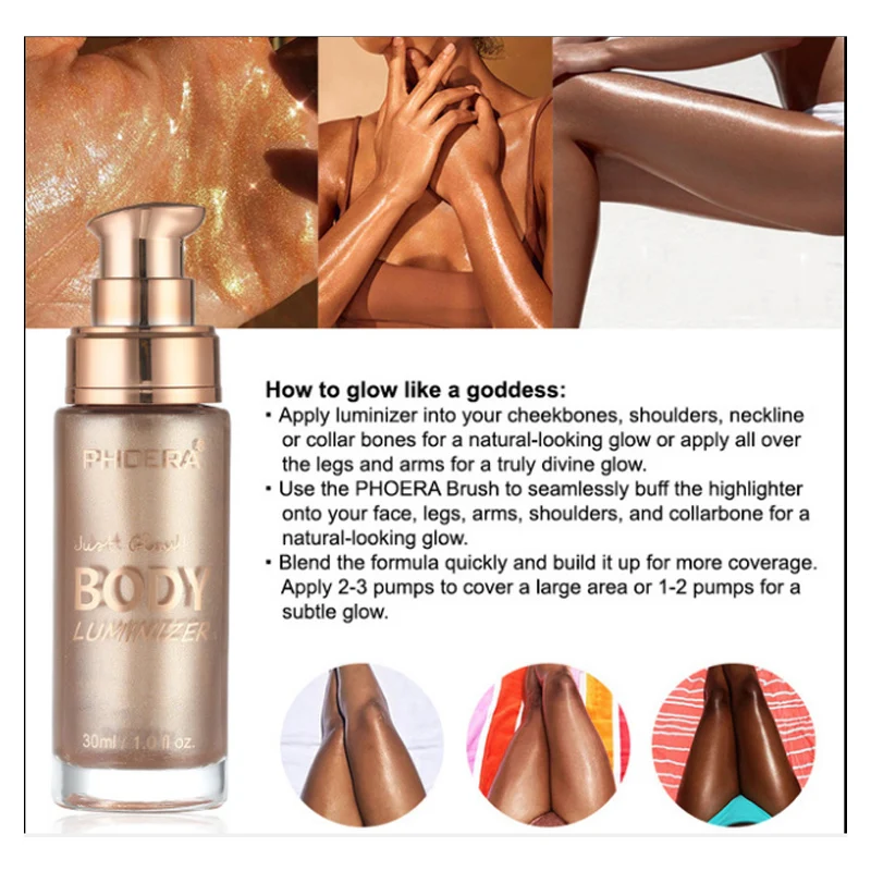 PHOERA Body Luminizer Shimmer Corrective Highlighter Foundation Professional for face and Body Makeup Liquid Body Melanin TSLM1