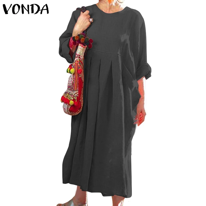 VONDA женское длинное платье осень лето o-образным вырезом однотонные вечерние платья Повседневное свободное пляжное сарафан большого размера Vestidos 5XL - Цвет: Серый