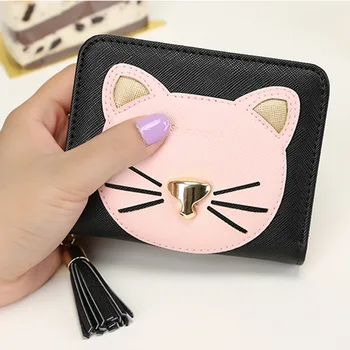 

New Style Wallet Women Cute Cartoon ULTRAGROW Metal Cat Tassled Female Purse Mini Leather Wallet
