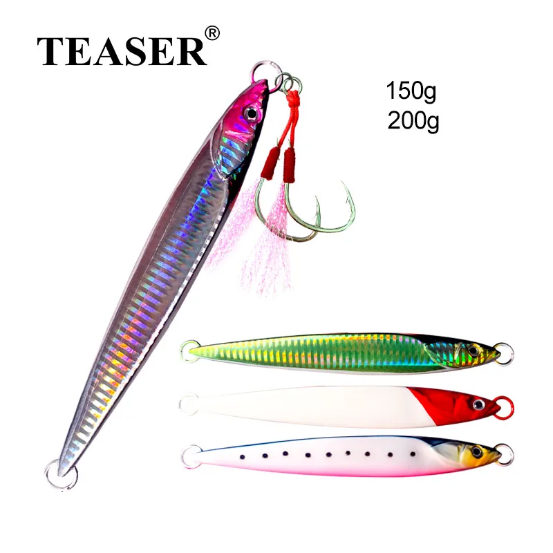 TEASER 150g 200g Hard Metal Jigs Slow Sinking Glow Fishing Jigs