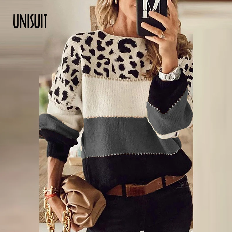 Leopard Striped Patchwork Sweater Women Casual Lantern Sleeve Pullovers Tops Autumn Winter O Neck Elegant Retro Ladies Blouses | Женская