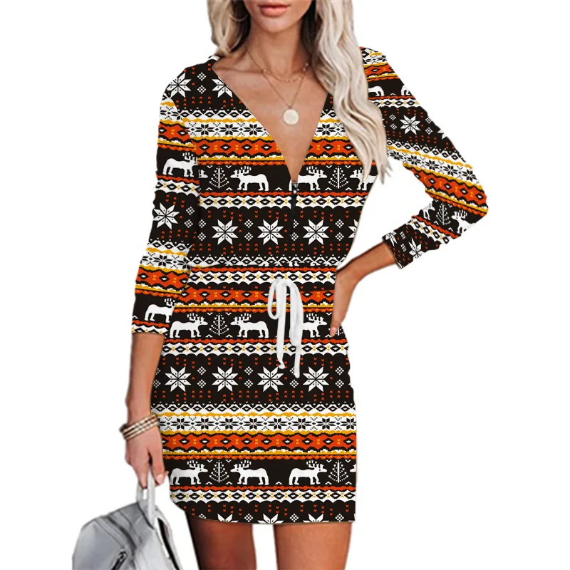 

Snowflake Elk Print Hooded Long Sleeve Autumn Dress Women Christmas Casual V Neck Zipper Lace Up Wrap Hip Slim Female Mini Dress