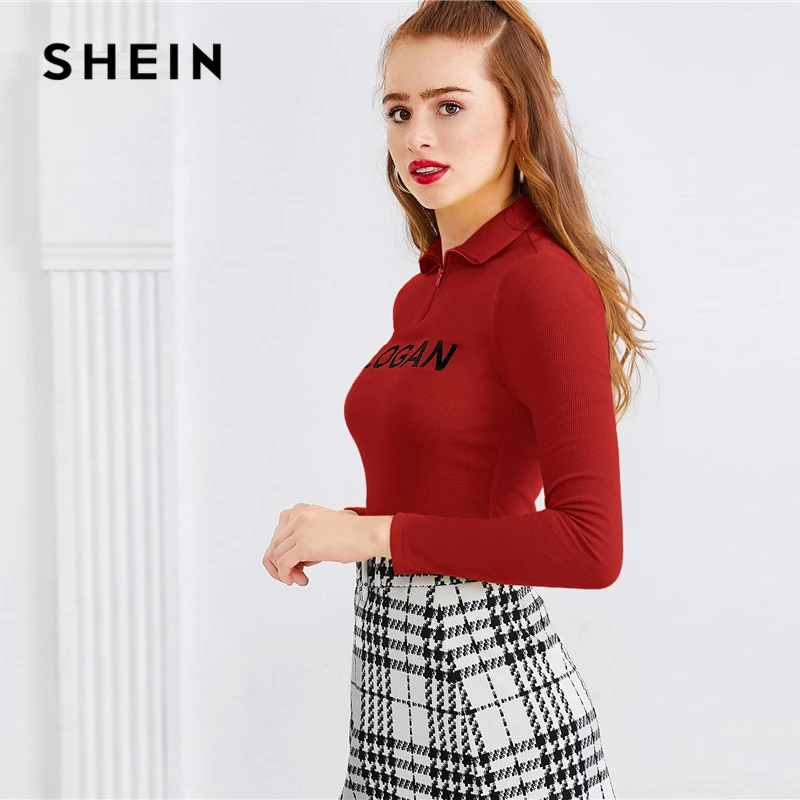 SHEIN x Madelaine трикотажная футболка на молнии спереди в рубчик с буквенным принтом, женские топы, осенняя одежда для активного отдыха, футболки