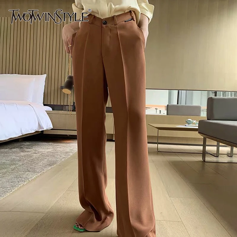 

TWOTWINSTYLE Elegant Straight Trousers Women High Waist Solid Large Size Loose Wide Leg Pants Female 2019 Fashion Autumn Tide