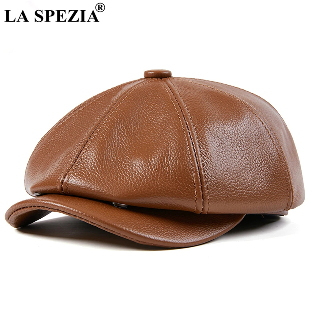 Hot Sale LA SPEZIA Genuine Leather Newsboy Men High Quality Octagonal Hat Autumn Winter Beret Real Cowskin Flat Cap_voghion.com