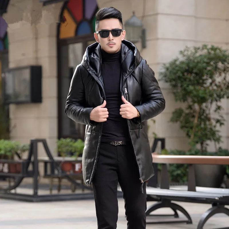 

Mens Leather Jacket Men Winter Warm Hooded Down Jacket Male Second Layer Sheepskin Coat Leather Jackets F1716 LWL1086