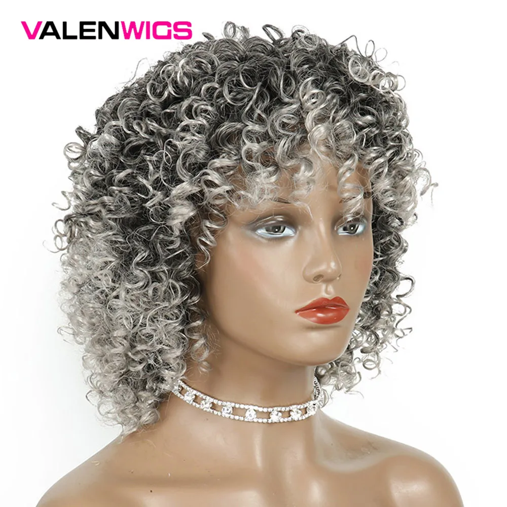 ValenWigs 14 дюймов, африканские Курчавые Кудрявые Парики из искусственных волос парики с челкой черный, серебристый цвет СЕРЫЙ натуральный Цвет для черный Для женщин