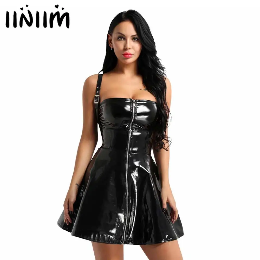 

Womens Femme Sexy Costumes Wetlook Cocktail Party Pole Dance Dress Leather Front Zippered X-back Vintage Steampunk Clubwear