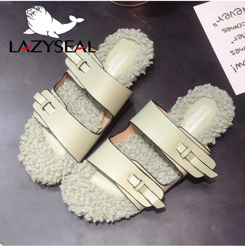 LazySeal; Новинка; домашние тапочки из пуха; женская обувь на Плоском Каблуке; нескользящие женские пушистые шлепанцы с эластичной лентой; сезон осень; женские повседневные вьетнамки