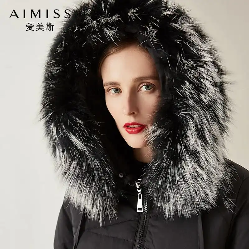 AIMISS Новая модная женская черная пуховая куртка с капюшоном, с перьями, на молнии, свободная теплая верхняя одежда