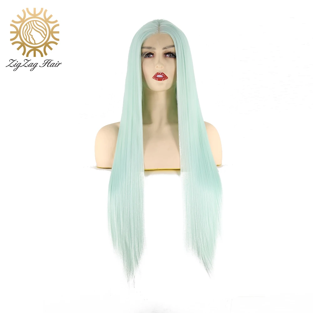 

ZigZag Middle Part Light Mint Straight Glueless Synthetic Lace Front Wig for Women Long Heat Resistant Fiber Hair Cosplay Wig