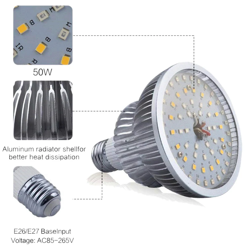 

50W Full Spectrum Plant Lamp Grow Led Light Bulbs Remote Control Dimmable Phytolamp Timer E26 Greenhouse Tent Eyeglass Flower