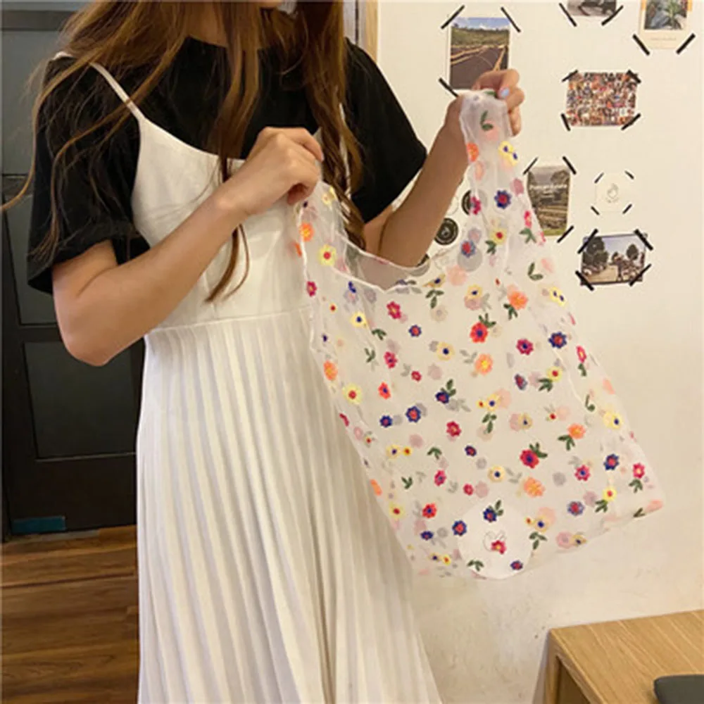 Женская Сумка из органзы с цветочной вышивкой, повседневная сумка-тоут, сетчатые сумки для покупок