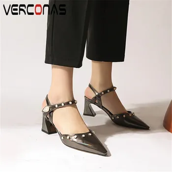 

VERCONAS 2020 Summer Woman Sandals Woman Pumps Patent Leather Crystal Decoration Office Lady Pointed Toe Hoof Heels Shoes Woman