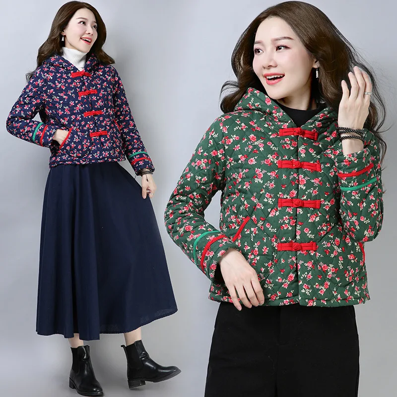

2018 Winter New Style Ethnic-Style Cotton Linen Retro Cotton Coat Short Hooded Floral-Print Cotton-padded Clothes