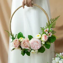 JaneVini Blush Pink Peony Bride Bouquet Artificial Rose Flower Basket Round Bridal Hand Wreath Wedding Bouquets Ivory Ramo Rosas