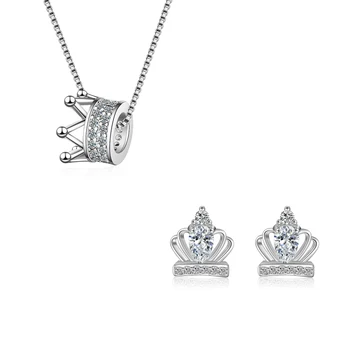 

Cute Fashion 925 Sterling Silver Jewelry Set Crown Mosaic CZ Zircon Earrings+Necklace For Women Jewelry oorbellen pendientes