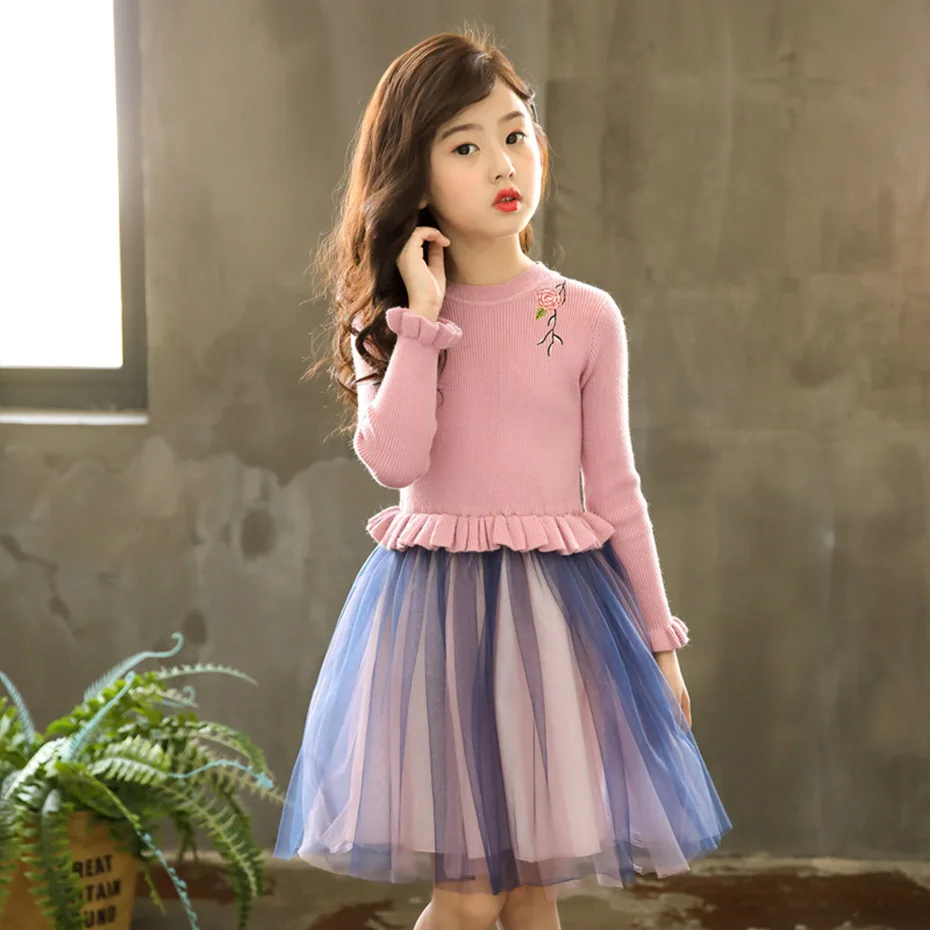 Платье для девочек, Детский свитер с цветочной вышивкой, платье с длинными рукавами, трикотажное платье, детская осенне-зимняя теплая одежда для девочек