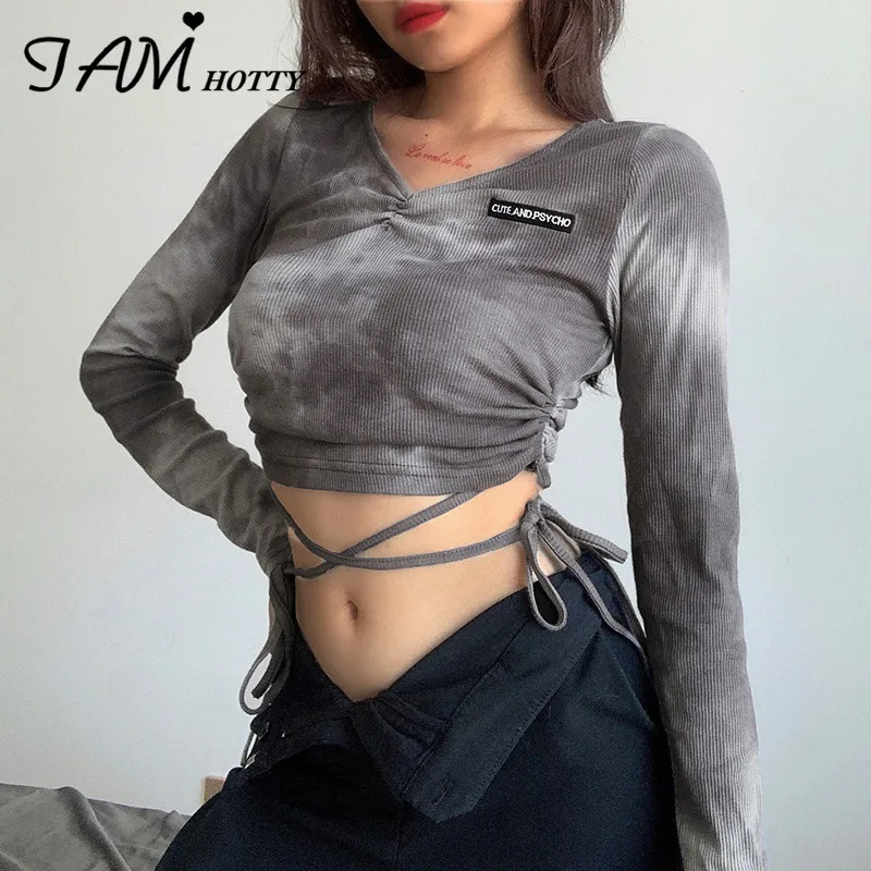 

IAMHOTTY Tie Dye Print Bandage Sexy Women's Clothing Y2K Autumn Long Sleeve Harajuku Croped T Shirt Sexy Korean Style Tees 2020