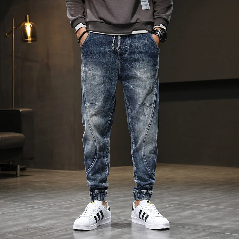 Jeans Men Relaxed Tapered Baggy Harem Pants Streetwear Drawstring Elastic Waist Casual Joggers