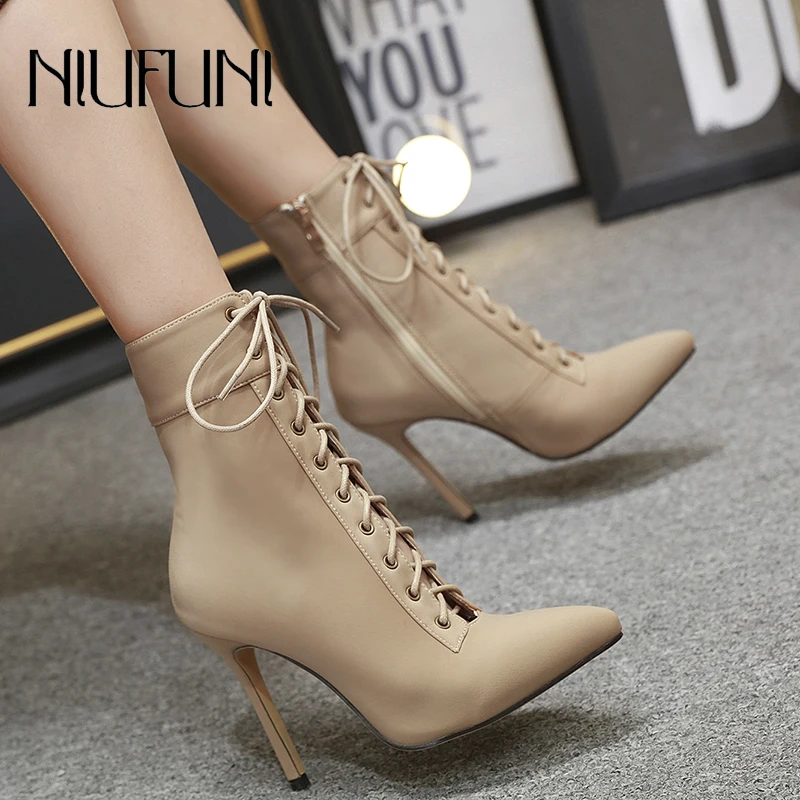 

Pointed Toe Suede Solid Color Zipper Women's Ankle Strap Boots Sexy Stiletto Lace Up Slim Boots High Heels NIUFUNI Women Shoes