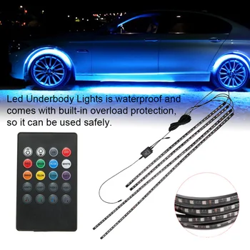 

4pcs Underbody Chassis Universal Remote Control Flexible Strip Car Underglow Light Sound Active LED RGB Atmosphere Lamp Colorful