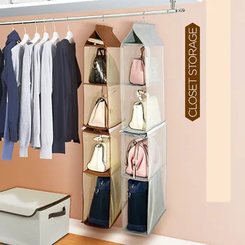 

4 Pockets Folding Hanging Handbag Organizer for Wardrobe Closet Non-Woven Storage Bag Clear Sundry Shoe Bag with Hanger Pouch