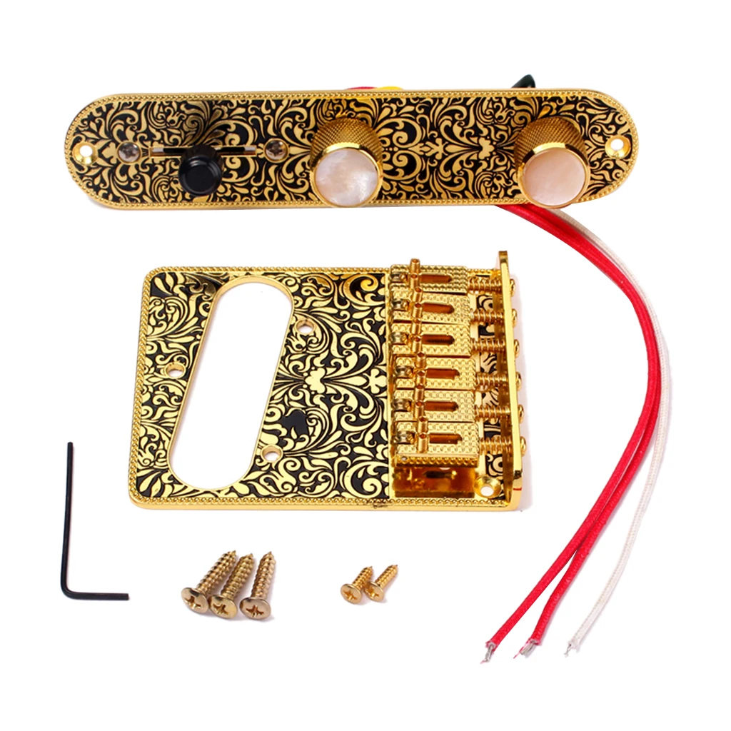 6 Saddle Top Loader Bridge with Control Plate, Screws, Wrench for Telecaster Guitar, Golden