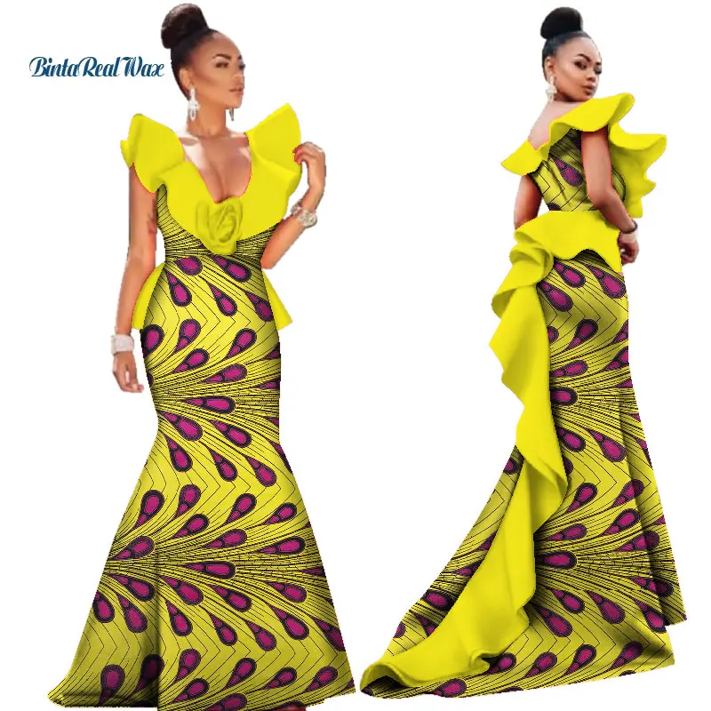 Африканские платья с принтом для женщин Базен Riche Ruffles размер цветок Vestidos Длинные платья русалки традиционная африканская одежда WY3033