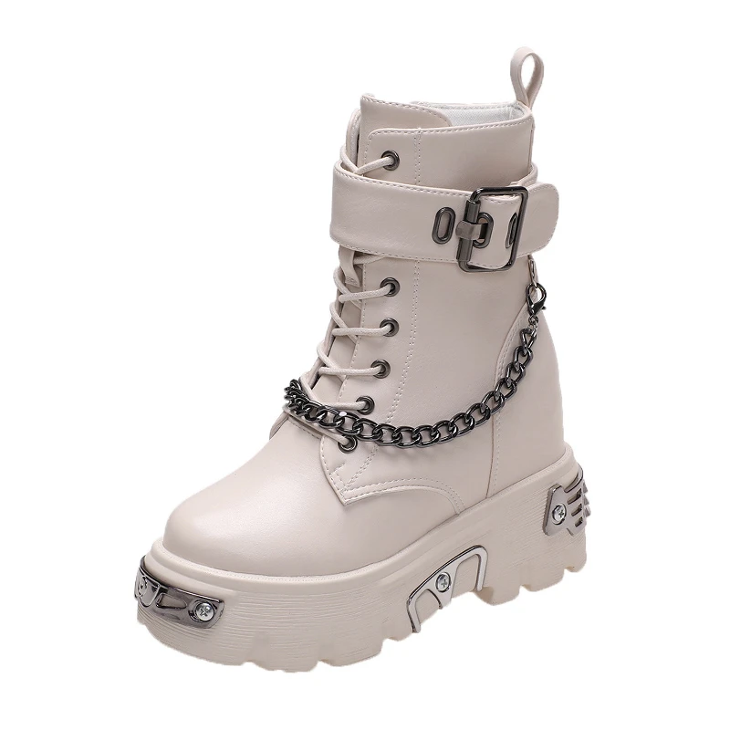 New 2021 Women Leather Platform Chain Ankle Boots Winter Gothic - Main Image