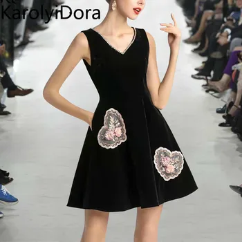 

2020 Spring New Women's Sleeveless V-neck Beaded High Waist Swing Bottoming Dress Temperament 3D Flower Appliques Velvet Dress