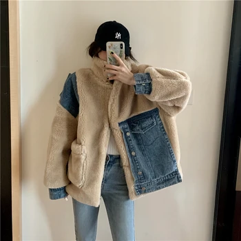 

Women Jacket Cowboy Loose Coat Fashion Autumn Winter Woman Overcoat Lamb Denim Lazy Design Patchwork Outerwear & Coats Female