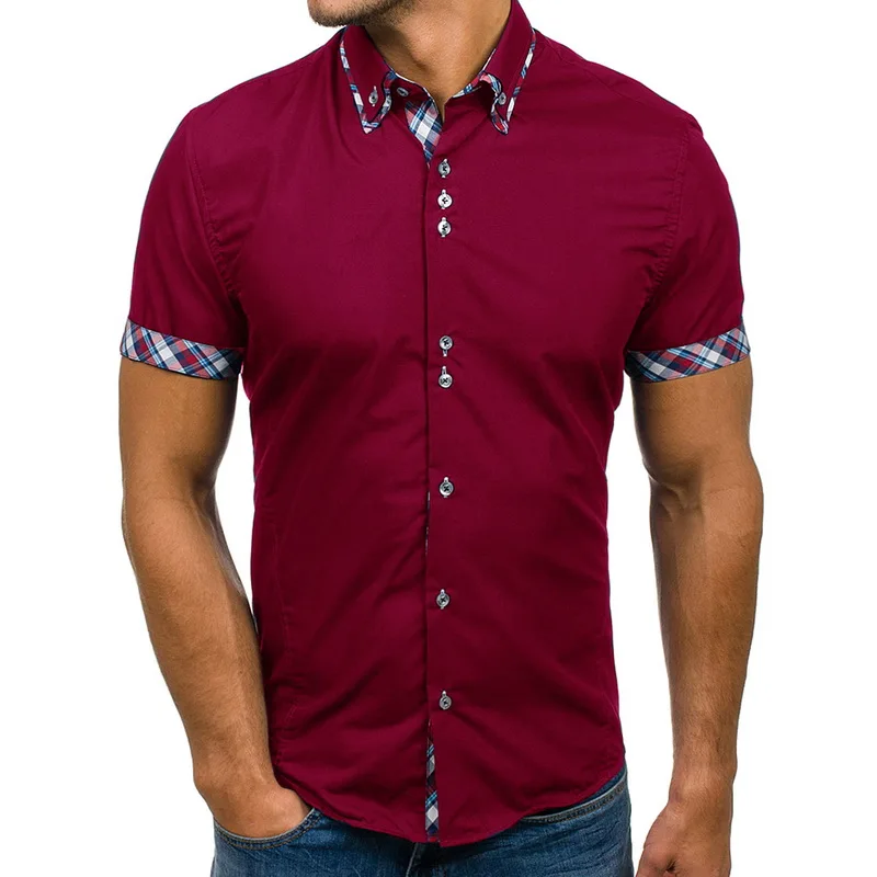 red wine Vogue мужская летняя рубашка с коротким рукавом Тонкая VogueShirt Мужская брендовая клетчатая рубашка в стиле пэчворк Плюс Размер рубашка в офисном стиле - Цвет: red wine