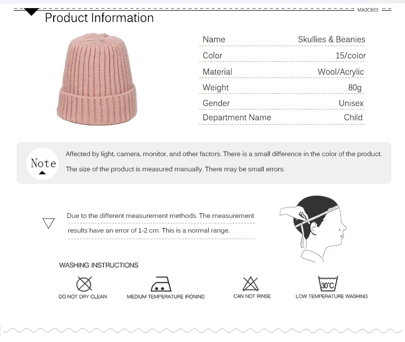 Kids Winter Solid Color Wool Knit Beanie Children Fashion Casual Hat Warm Boy Girl Soft Thicken Hedging Cap Slouchy Bonnet Ski