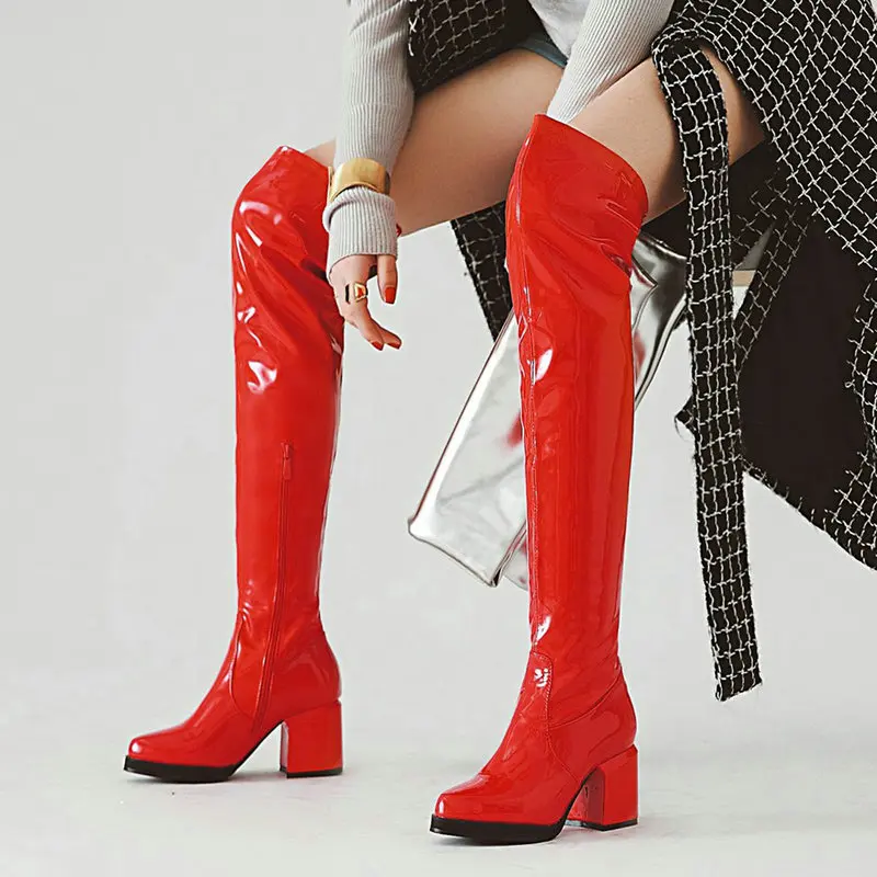 Red Gold Silver Black Patent Leather Boots Women Winter Knee High Boots Ladies Fashion Thick Heel Round Toe Long Boots