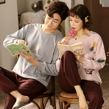 

Men pyjamas suit autumn Couple pajamas Long sleeve pijama for male plus size sleep clothing Cotton nightie sleepwear