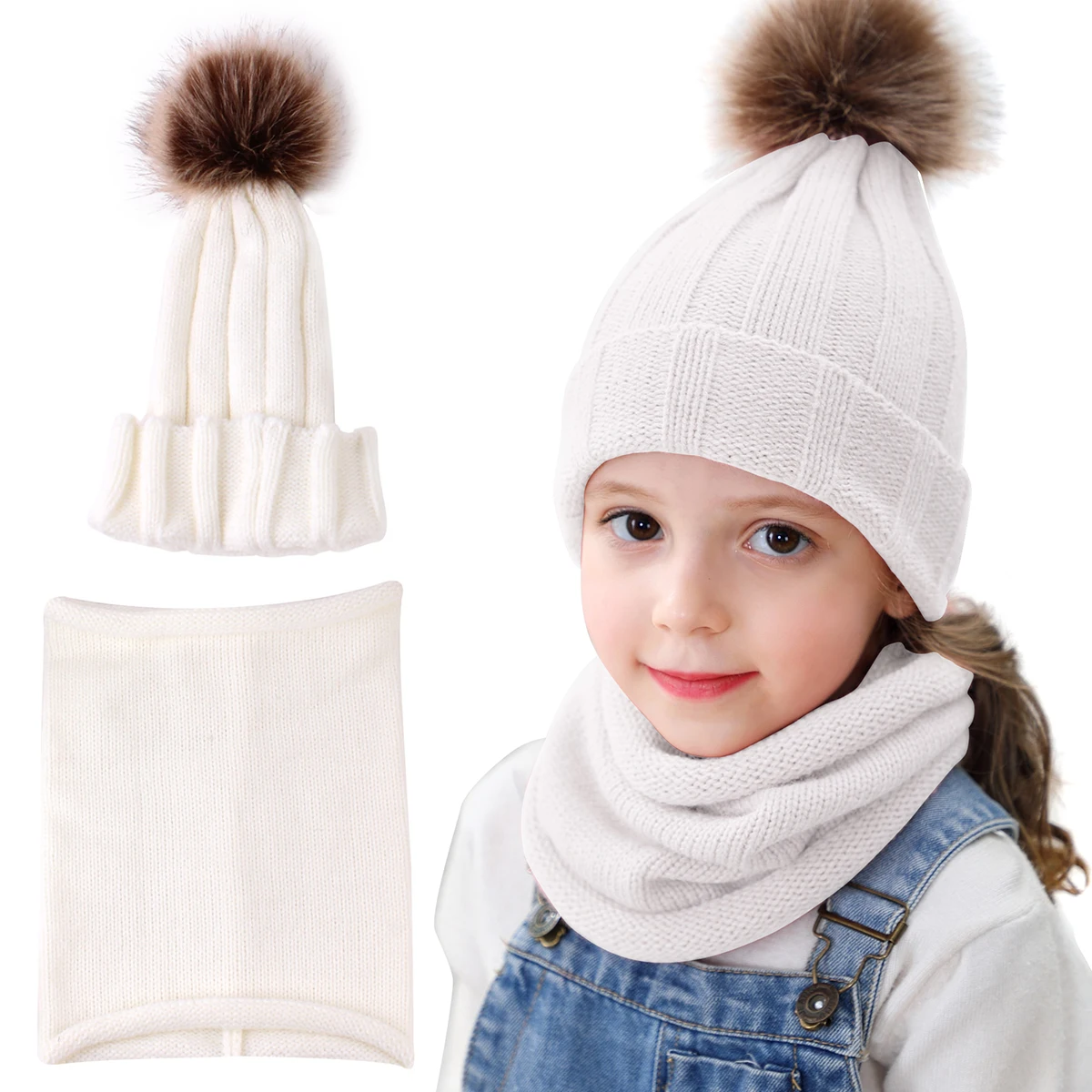 Детский головной убор шарф-хомут, 2 предмета, детская осенне-зимняя шапка с помпонами, теплая шапка с помпонами и горлышком