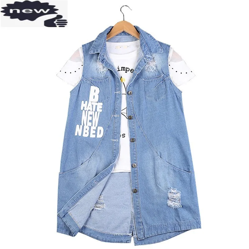 

Women Hole Ripped Denim Vest Plus Size S-9XL Sleeveless Jacket Female Letter Printed Boyfriend Long Style Casual Jeans Waistcoat